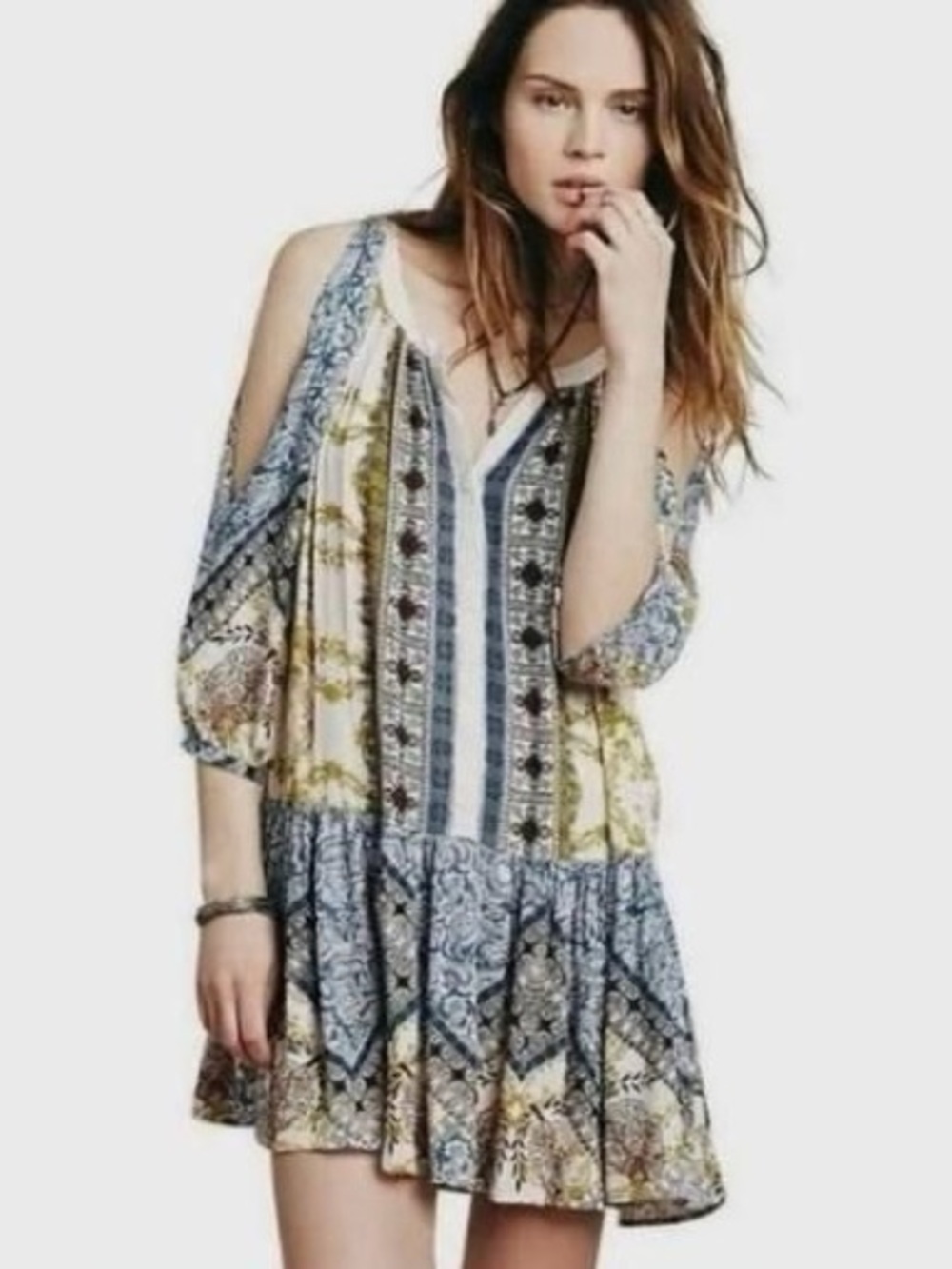 FREE PEOPLE “Portobello Road” Mini Dress Long-Sleeve Cold Shoulder, Size Small